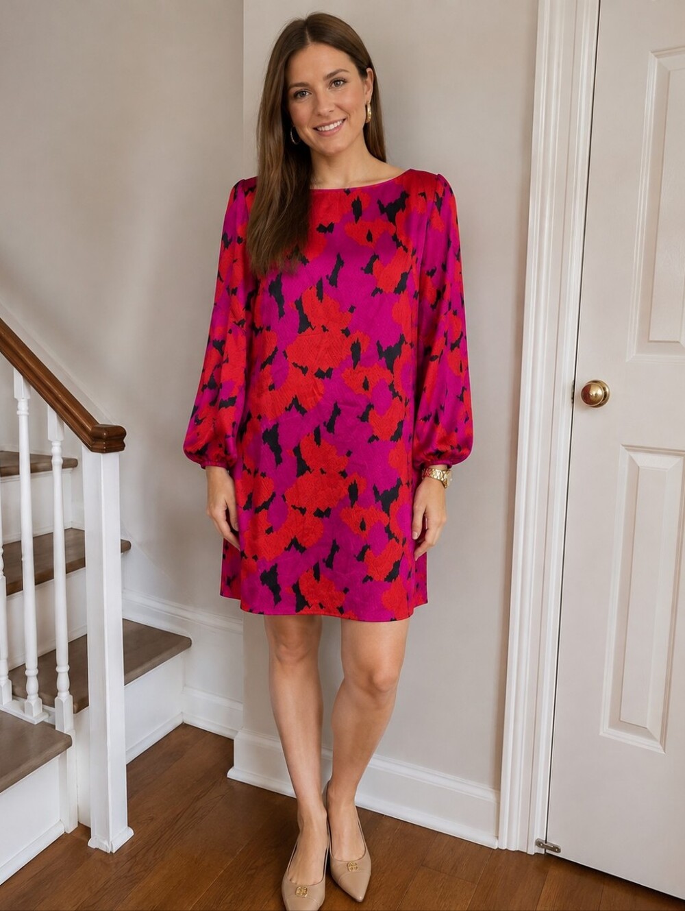 Tory Birch abstract floral print silk long sleeve shift dress size 8